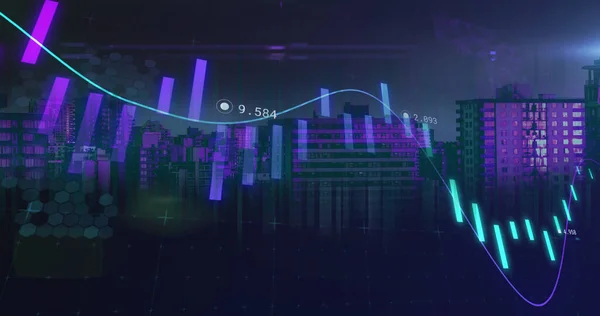 Image of statistics and financial data processing over cityscape. finance, business and data processing concept digitally generated image.