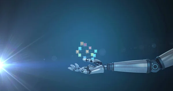 Image of network of media icons over hand of robot arm, with moving light on dark background. electrical engineering technology, communication and research concept digitally generated image.