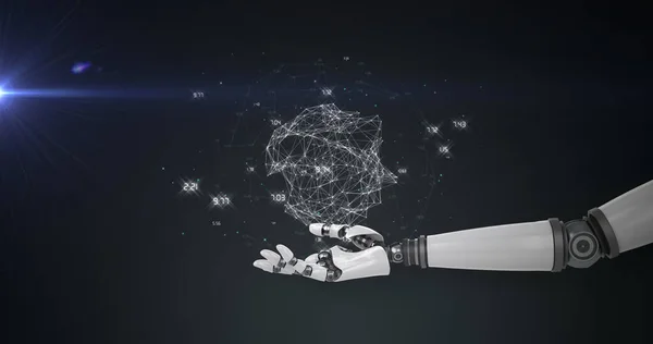 黒の背景に青の光で ロボットアームの手でデータを処理するネットワークのイメージ 電気工学技術コミュニケーション研究の概念デジタルで生成された画像 — ストック写真