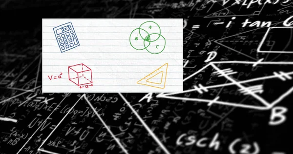 Image of school items icons over mathematical equations on black background. school, education and study concept digitally generated image.