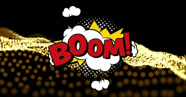 Image of boom text over yellow dots on black background. social media and communication interface concept digitally generated image.