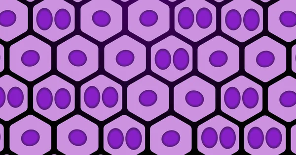 黒の背景に六角形で動く紫色の円の画像 人間の生物学 医学の概念がデジタルで生成され — ストック写真