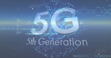 Simge resimleri, veri işleme ve dünya üzerinde 5g ve mavi arkaplan. bağlantılar, küresel ağ, teknoloji ve dijital arayüz konsepti dijital olarak oluşturulmuş görüntü.