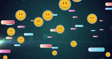 Düşen sosyal medya simgeleri ve koyu arkaplan üzerindeki emojiler. Sosyal medya ve iletişim konsepti dijital olarak oluşturuldu.