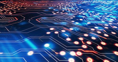 Bilgisayar devre kartında hareket eden ışık izlerinin görüntüsü. küresel hesaplama ve veri işleme kavramı dijital olarak oluşturulmuş resim.