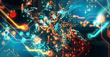 Siyah arkaplan üzerinde teknoloji devresi görüntüsü. küresel teknoloji ve dijital arayüz kavramı dijital olarak oluşturulmuş görüntü.