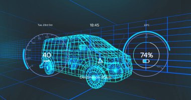 Araç arayüzündeki hız göstergesi, GPS ve durum verileri, 3d 'den fazla minibüs modeli. Ulaşım ve teknoloji, mühendislik tasarımı ve dijital arayüz konsepti dijital olarak oluşturulmuş görüntü.