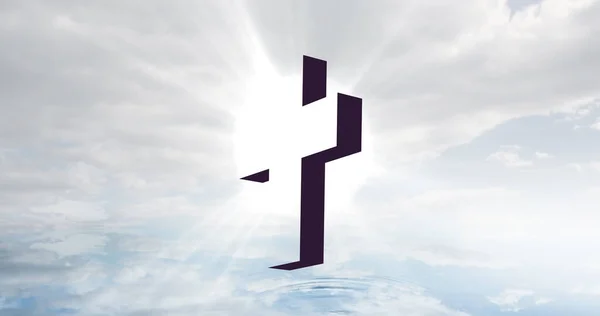 Image of christian cross over sun rays and clouded sky. ascension day, easter, christianity, tradition and celebration concept digitally generated image.
