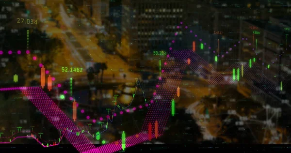 Pénzügyi Adatok Grafikonok Képe Városképben Globális Pénzügyi Gazdasági Üzleti Technológiai — Stock Fotó