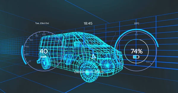Araç arayüzündeki hız göstergesi, GPS ve durum verileri, 3d 'den fazla minibüs modeli. Ulaşım ve teknoloji, mühendislik tasarımı ve dijital arayüz konsepti dijital olarak oluşturulmuş görüntü.