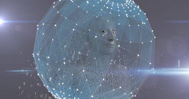 Erkek vücut modeli ve gri arkaplandaki ağ bağlantılarına karşı ikili kodlama. küresel ağ ve teknoloji kavramı