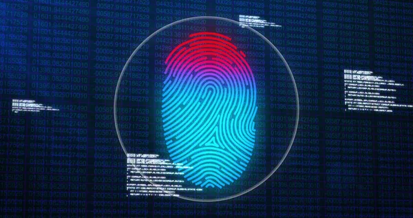 Digital image of biometric fingerprint scanner and data processing against blue background. cyber security and technology concept