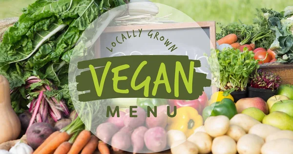 Immagine Menu Vegan Testo Verde Verdure Biologiche Appena Raccolte All — Foto Stock