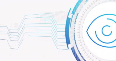 Beyaz arka planda bağlantı ağı ve göz animasyonu. siber güvenlik ve dijital arayüz kavramı dijital olarak oluşturulmuş video.