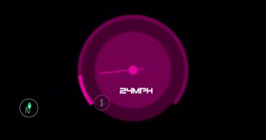 Hız göstergesi ve eko simgelerinin animasyonu, kara arkaplan üzerinde veri işleme. Küresel veri işleme ve bulut hesaplama kavramı dijital olarak oluşturulmuş video.