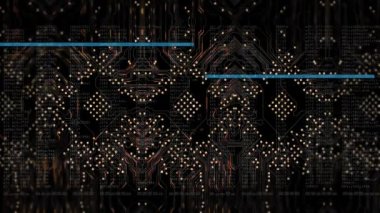 Bilgisayar devre kartında mavi çizgilerle veri işleme animasyonu. Dijital olarak oluşturulan küresel veri işleme, bağlantılar ve bulut hesaplama kavramı.