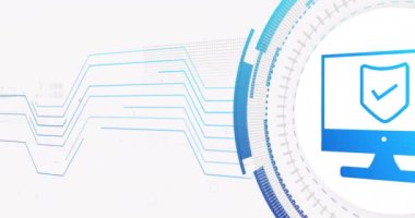 Beyaz zemin üzerinde kalkan olan ağ bağlantılarının ve bilgisayarların animasyonu. siber güvenlik ve dijital arayüz kavramı dijital olarak oluşturulmuş video.