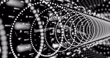 Değişen numaraların animasyonu, veri işleme ve bağlantı ağları. Küresel bağlantılar ve bulut hesaplama kavramı dijital olarak oluşturulmuş video.