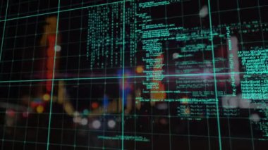 Bulanık şehir trafiğinde veri işleme animasyonu. küresel veri işleme, şehir yaşamı ve teknoloji konsepti dijital olarak oluşturulmuş video.