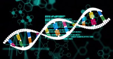 Siyah arka planda DNA ipliği ve veri işleme animasyonu. küresel bilim ve dijital arayüz kavramı dijital olarak oluşturulmuş video.