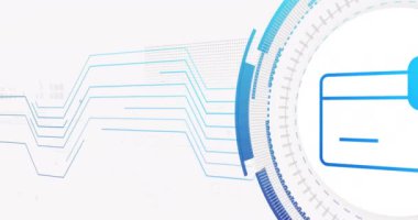 Beyaz arka planda asma kilitli bağlantılar ve kredi kartı animasyonu. siber güvenlik ve dijital arayüz kavramı dijital olarak oluşturulmuş video.