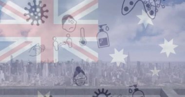 Şehrin üzerinde Corona virüsü simgeleri ve Avustralya bayrağının animasyonu. Koronavirüs covid 19 salgını sırasında küresel sağlık, ilaç ve ekonomi kavramı dijital olarak üretilen video.