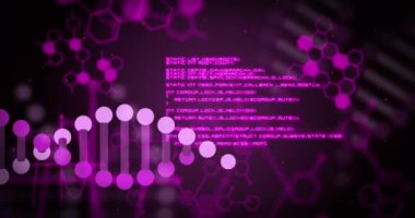 Siyah arka planda DNA ipliği ve veri işleme animasyonu. küresel bilim ve dijital arayüz kavramı dijital olarak oluşturulmuş video.