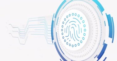 Beyaz arka planda bağlantı ağı ve parmak izi animasyonu. siber güvenlik ve dijital arayüz kavramı dijital olarak oluşturulmuş video.