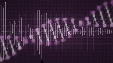 Menekşe arka planda dönen DNA animasyonu. Bilim, biyoloji ve teknoloji konsepti dijital olarak üretilen video.