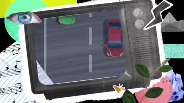 Анимация Перелистывания Экрана Телевизора Фоне Гонки Автомобилей Винтажные Компьютерные Игры — стоковое видео