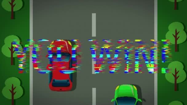 あなたのアニメーションはバックグラウンドで車のレースゲームで画面上のテキストを獲得します ヴィンテージビデオゲーム パターンと動きのコンセプトデジタル生成されたビデオ — ストック動画