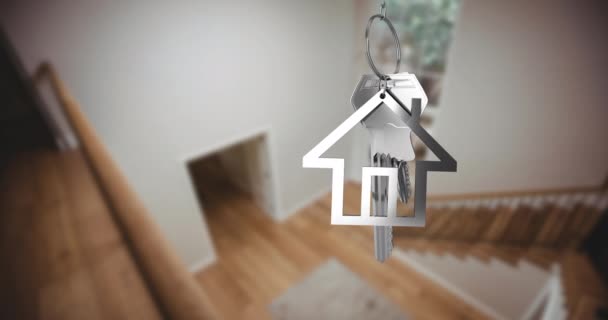 Animace Stříbrného Klíče Klíče Domu Kroužek Přes Rozmazaný Interiér Domu — Stock video