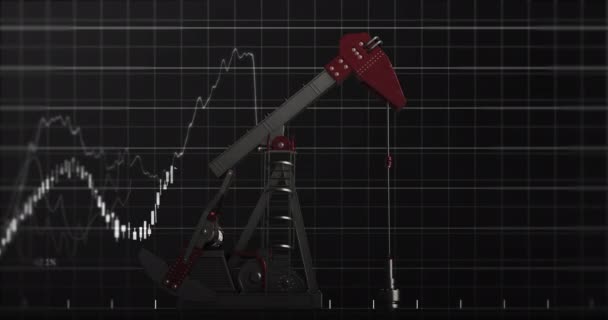 Анімація Нафтового Насоса Працює Над Обробкою Фінансових Даних Сіткою Чорному — стокове відео