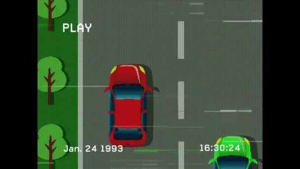 背景に車のレースゲームで画面上の再生デジタルインターフェースのアニメーション ヴィンテージビデオゲーム 通信と移動の概念デジタル生成ビデオ — ストック動画