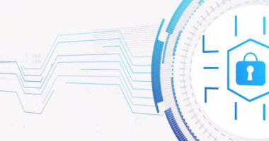 Beyaz arka planda bağlantı ağı ve asma kilit animasyonu. siber güvenlik ve dijital arayüz kavramı dijital olarak oluşturulmuş video.