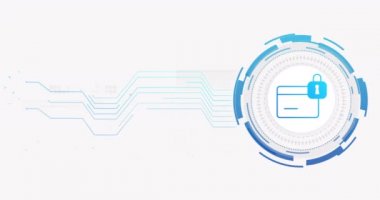 Beyaz arka planda asma kilitli bağlantılar ve kredi kartı animasyonu. siber güvenlik ve dijital arayüz kavramı dijital olarak oluşturulmuş video.