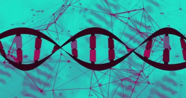 Yeşil arka planda DNA ipliği ve veri işleme animasyonu. küresel bilim ve dijital arayüz kavramı dijital olarak oluşturulmuş video.