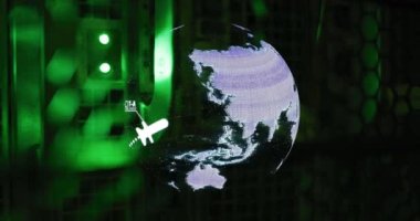 Sunucu odasının üzerindeki dünyanın animasyonu. küresel iş ve dijital arayüz kavramı dijital olarak oluşturulmuş video.