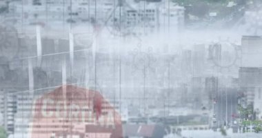 Şehrin her yerinde korona virüsü yasaklama işaretinin animasyonu. Koronavirüs covid 19 salgını sırasında küresel sağlık, ilaç ve ekonomi kavramı dijital olarak üretilen video.