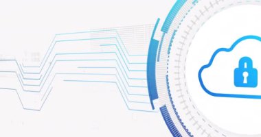 Beyaz arka planda asma kilit olan bağlantı ağı ve bulut animasyonu. siber güvenlik ve dijital arayüz kavramı dijital olarak oluşturulmuş video.