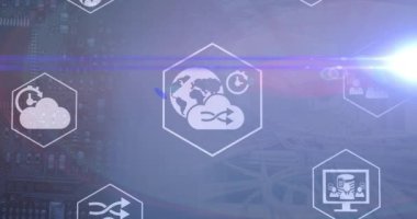 Donanma arka planında simge ve ışık animasyonu. küresel ağ, veri işleme ve teknoloji konsepti dijital olarak oluşturulmuş video.