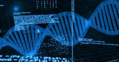 Siyah arka planda DNA ipliği ve veri işleme animasyonu. küresel bilim ve dijital arayüz kavramı dijital olarak oluşturulmuş video.