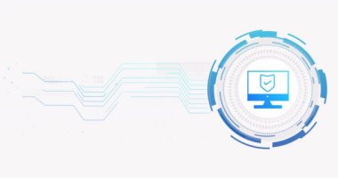 Beyaz zemin üzerinde kalkan olan ağ bağlantılarının ve bilgisayarların animasyonu. siber güvenlik ve dijital arayüz kavramı dijital olarak oluşturulmuş video.