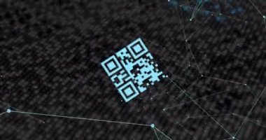 QR kodunun animasyonu ve bağlantı ağları. Küresel bağlantılar ve bulut hesaplama kavramı dijital olarak oluşturulmuş video.