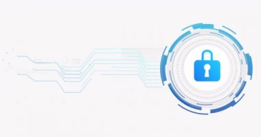 Beyaz arka planda bağlantı ağı ve asma kilit animasyonu. siber güvenlik ve dijital arayüz kavramı dijital olarak oluşturulmuş video.