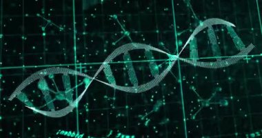 Siyah arka planda DNA ipliği ve veri işleme animasyonu. küresel bilim ve dijital arayüz kavramı dijital olarak oluşturulmuş video.