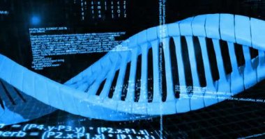 Siyah arka planda DNA ipliği ve veri işleme animasyonu. küresel bilim ve dijital arayüz kavramı dijital olarak oluşturulmuş video.