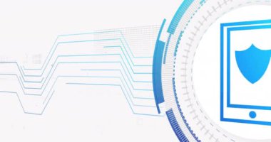 Beyaz arkaplanda kalkan olan akıllı telefon ve bağlantı ağının animasyonu. siber güvenlik ve dijital arayüz kavramı dijital olarak oluşturulmuş video.