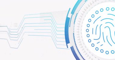 Beyaz arka planda bağlantı ağı ve parmak izi animasyonu. siber güvenlik ve dijital arayüz kavramı dijital olarak oluşturulmuş video.