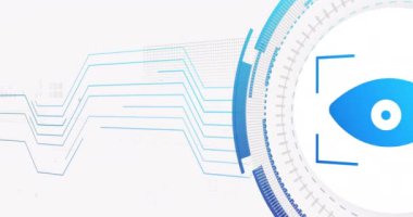 Beyaz arka planda bağlantı ağı ve göz animasyonu. siber güvenlik ve dijital arayüz kavramı dijital olarak oluşturulmuş video.